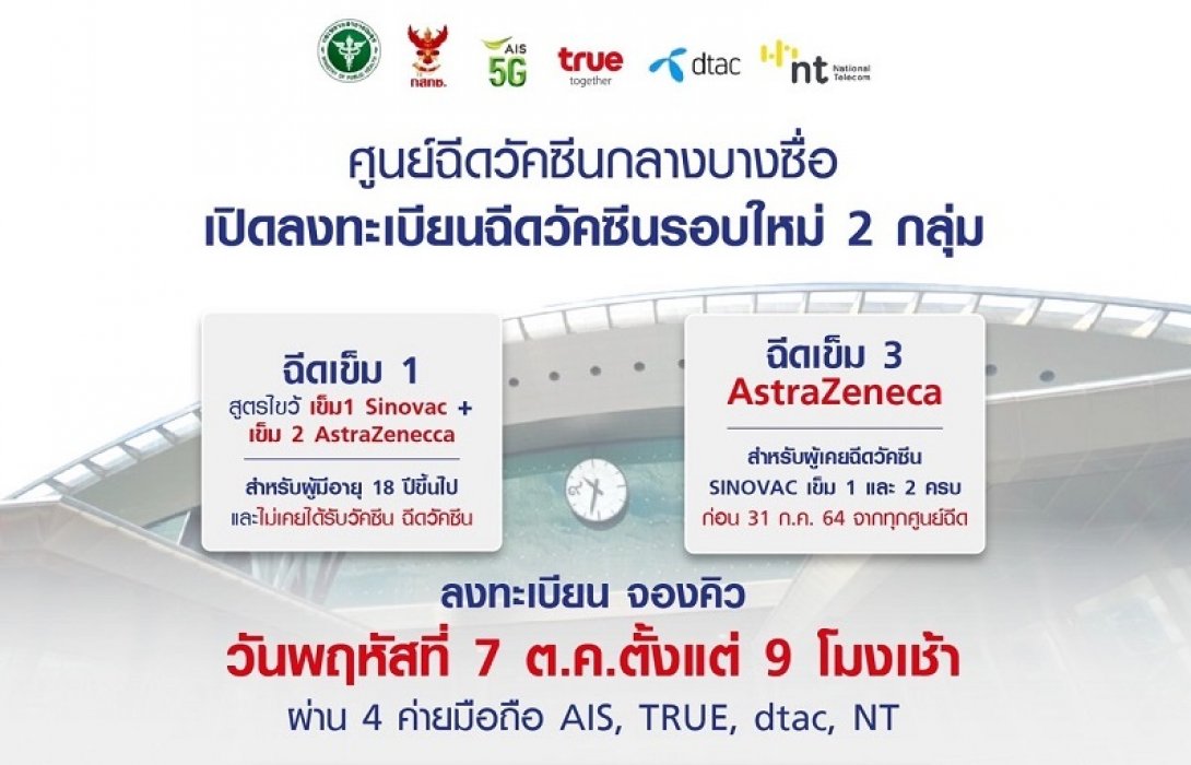 ศูนย์ฉีดวัคซีนกลางบางซื่อ เปิดลงทะเบียนฉีดวัคซีนรอบใหม่ 7 ต.ค.นี้