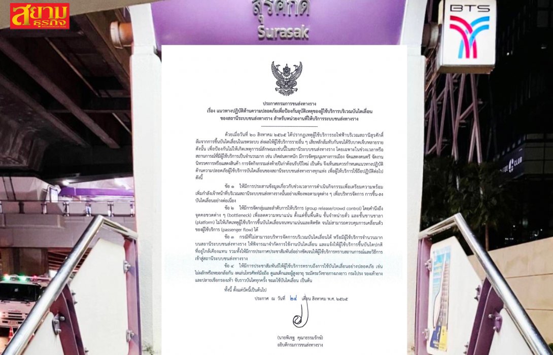 ‘กรมราง’ ออกประกาศ เรื่อง แนวทางปฏิบัติด้านความปลอดภัยเพื่อป้องกันอุบัติเหตุของผู้ใช้บริการบริเวณบันไดเลื่อนของสถานีระบบขนส่งทางราง 