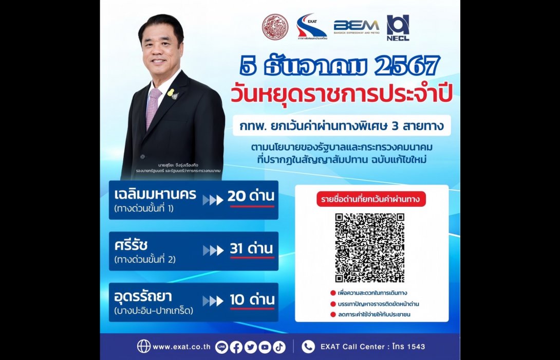 วิ่งฟรี! การทางพิเศษฯ ยกเว้นค่าผ่านทางด่วน 3 สายทาง วันที่ 5 ธันวาคม 2567 