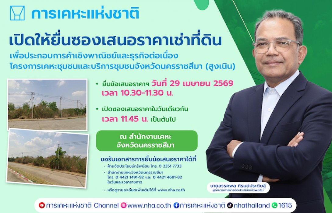 กคช. เปิดประมูลเช่าที่ดินเชิงพาณิชย์ “สูงเนิน โคราช” 15 ปี เริ่ม 2.6 ล้านบาท