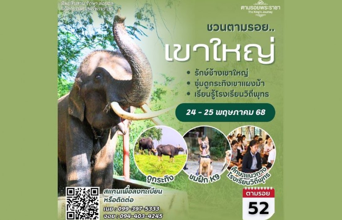 เชิญครู-อาจารย์ทั่วประเทศ และผู้ที่สนใจศึกษาต้นแบบ “โรงเรียนวิถีพุทธ” รักษ์ช้างเขาใหญ่ ซุ่มดูกระทิงเขาแผงม้า “ทิพยสืบสาน รักษา ต่อยอด นวัตกรรมศาสตร์พระราชา ครั้งที่ 52”