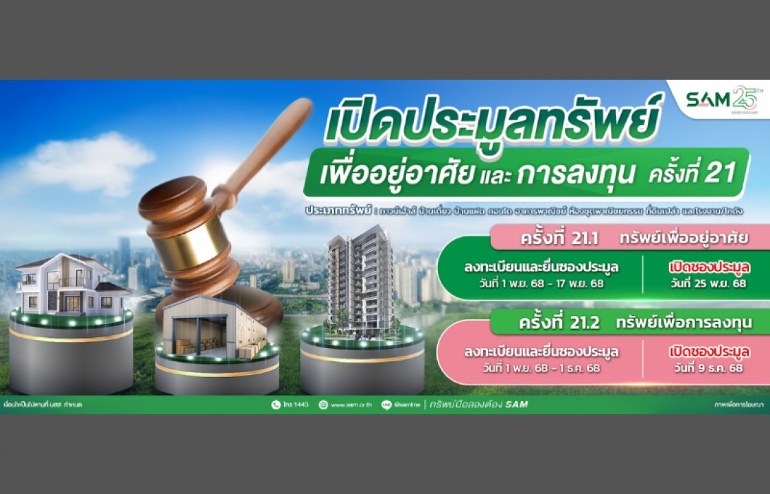 SAM ชูไฮไลท์ที่อยู่อาศัยทำเลทอง ราคาดี เปิดประมูลครั้งที่ 21 มูลค่ารวมกว่า 157 ลบ.
