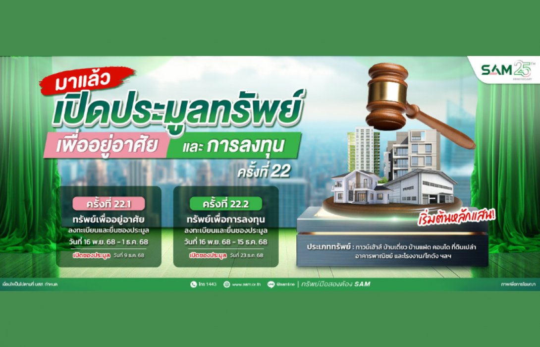 SAM เปิดประมูลที่ดินแปลงใหญ่เมืองปทุมฯ เกือบ 60 ไร่ พร้อมทรัพย์เพื่อลงทุนและที่อยู่อาศัยทำเลทอง มูลค่ารวมกว่า 580 ลบ.