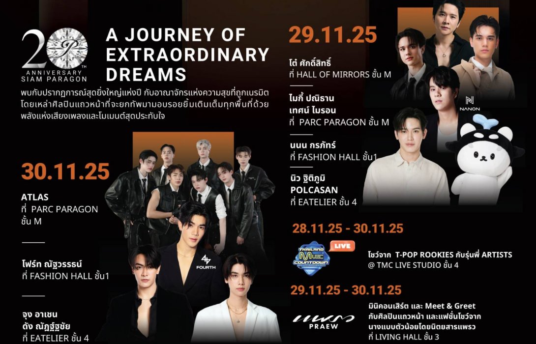 สยามพารากอน ฉลองครบรอบ 20 ปีสุดยิ่งใหญ่ ผนึก ศูนย์ฯ ห้างฯ และพันธมิตร สร้างปรากฏการณ์ “A Journey of Extraordinary Dreams” เนรมิตพื้นที่แห่งความสุขทุกตารางเมตร จัดเต็มความบันเทิงจากศิลปินชั้นนำกว่า 70 ชีวิต  พร้อมมอบประสบการณ์เหนือระดับด้วยโปรโมชั่นและกิจก