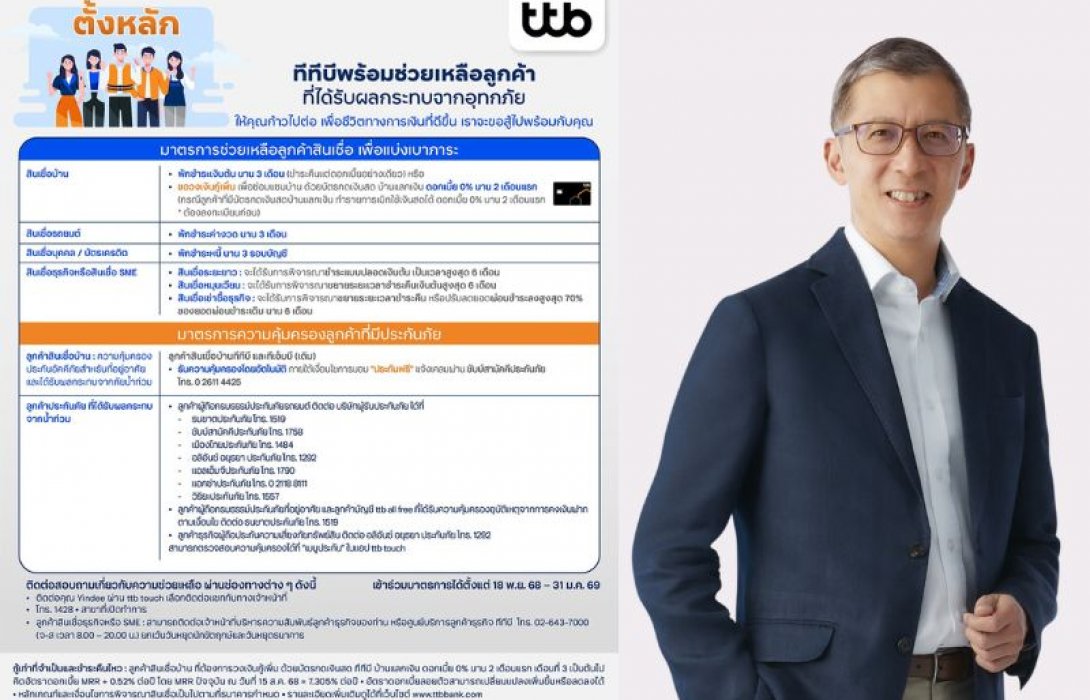ทีทีบี ออกมาตรการ “ตั้งหลัก” ช่วยเหลือลูกค้าที่ได้รับผลกระทบจากอุทกภัยรอบล่าสุด
