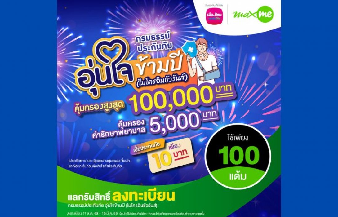 เมืองไทยประกันชีวิต จับมือ แมกซ์ โซลูชัน เซอร์วิส เพิ่มความอุ่นใจแก่สมาชิก Max Card ต้อนรับเทศกาลปีใหม่ ผ่าน “กรมธรรม์ประกันภัยอุ่นใจข้ามปี (ไมโครอินชัวรันส์)” รับสิทธิ์ความคุ้มครองชีวิตและค่ารักษาพยาบาลเนื่องจากอุบัติเหตุ สูงสุด 100,000 บาท