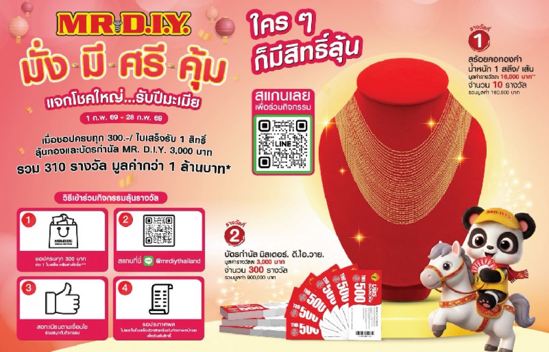 ชอปคุ้มรับตรุษจีน ประหยัดค่าครองชีพ พร้อมลุ้นทอง! มิสเตอร์. ดี.ไอ.วาย. เปิดโปร “มั่ง มี ศรี คุ้ม แจกโชคใหญ่รับปีมะเมีย” ของรางวัลรวมกว่า 1 ล้านบาท