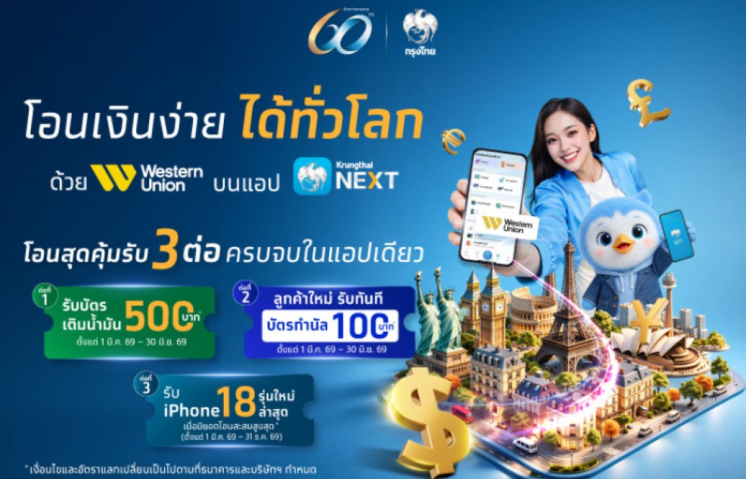 กรุงไทยจัดโปรฯ โอนเงินต่างประเทศ Western Union คุ้ม 3 ต่อ รับ iPhone 18 Series พร้อมรับส่วนลดเติมน้ำมัน-คูปองห้างฯ