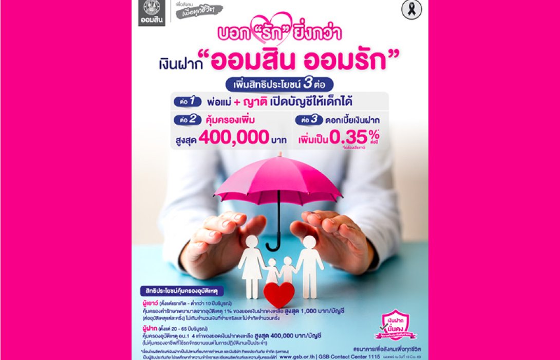 ออมสิน ฉลองความสำเร็จเงินฝากเพื่อเด็ก “ออมสิน ออมรัก” ขยายสิทธิประโยชน์ถึง 3 ต่อ ให้ญาติเปิดบัญชีและรับความคุ้มครองได้ เพิ่มวงเงินประกันสูงสุด 4 แสนบาท เพิ่ม ด/บ เงินฝากเป็น 0.35% ต่อปี