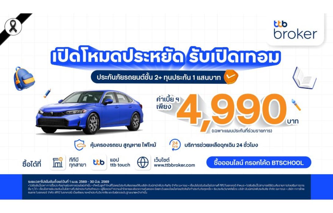 ทีทีบี โบรกเกอร์ ส่งแคมเปญต้อนรับเปิดเทอม เสนอประกันภัยรถยนต์ชั้น 2+ ราคาพิเศษ 4,990 บาท