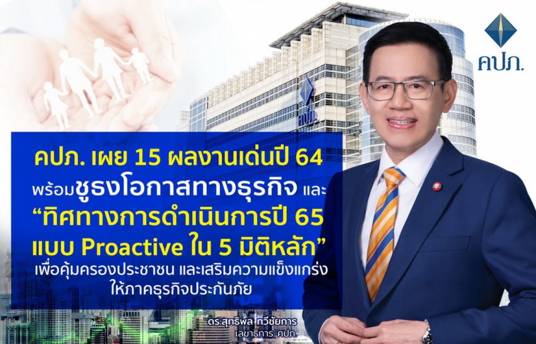 คปภ. เผย 15 ผลงานเด่นปี 64 พร้อมชูธงโอกาสทางธุรกิจและ “ทิศทางการดำเนินการปี 65 แบบ Proactive ใน 5 มิติหลัก” เพื่อคุ้มครองประชาชนและเสริมความแข็งแกร่งให้ภาคธุรกิจประกันภัย 