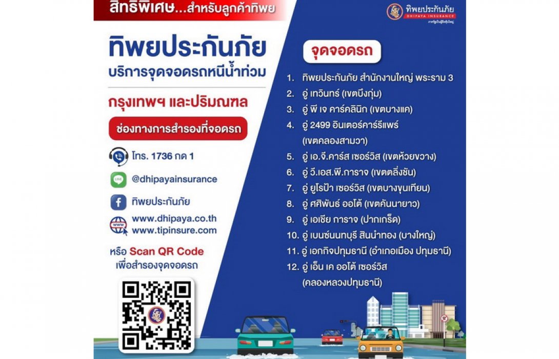 ทิพยประกันภัย ใจดี ให้จอดฟรี หนีน้ำท่วม