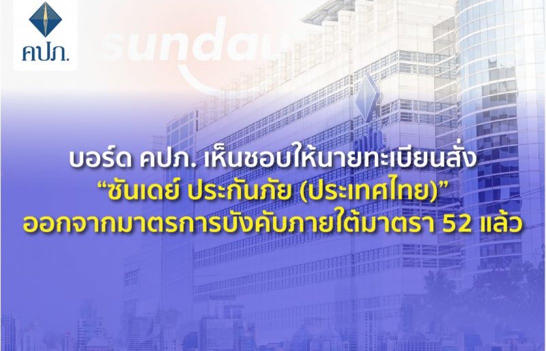 บอร์ด คปภ. เห็นชอบให้นายทะเบียนสั่ง “ซันเดย์ ประกันภัย (ประเทศไทย)” ออกจากมาตรการบังคับภายใต้มาตรา 52 แล้ว