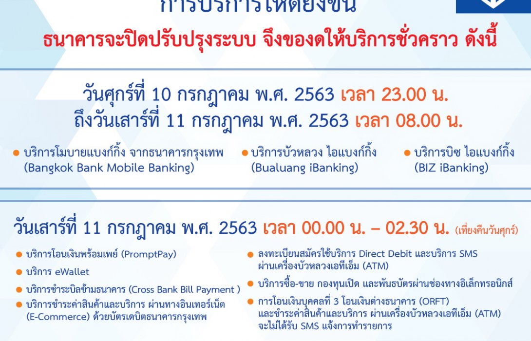 ธนาคารกรุงเทพ แจ้งปิดปรับปรุงระบบชั่วคราวเพื่อพัฒนาและเพิ่มประสิทธิภาพบริการ