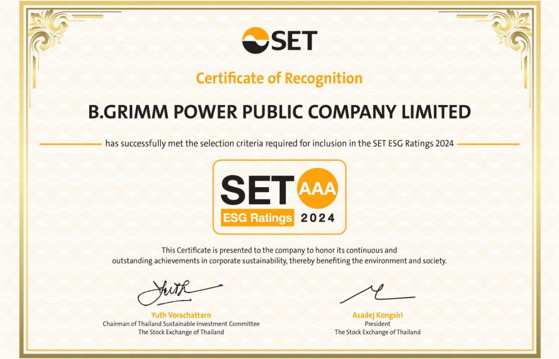 บี.กริม เพาเวอร์ ครองตำแหน่งเรตติ้งสูงสุด SET ESG Rating ระดับ AAA และอยู่ในรายชื่อหุ้นยั่งยืน 7 ปีซ้อน 