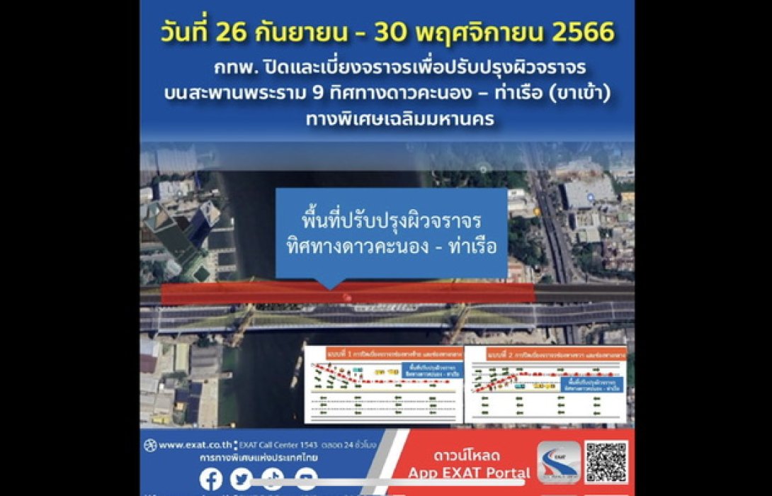 กทพ. ปิดและเบี่ยงจราจรเพื่อปรับปรุงผิวจราจรบนสะพานพระราม 9 ทิศทางดาวคะนอง – ท่าเรือ (ขาเข้า) ทางพิเศษเฉลิมมหานคร