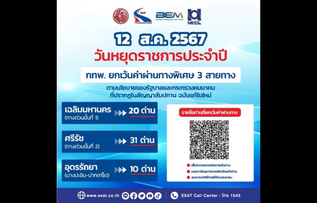 12 สิงหาคม 2567 กทพ. ยกเว้นค่าผ่านทางพิเศษ 3 สายทาง