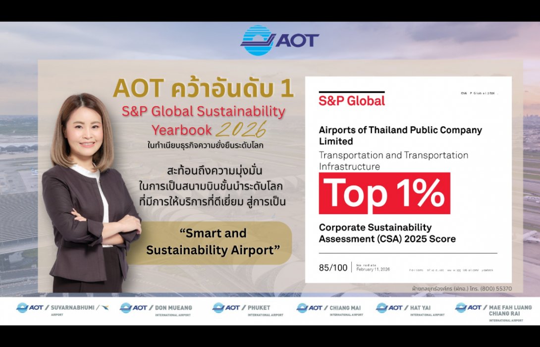 AOT ได้รับการประเมินระดับสูงสุด Top 1% ใน S&P Global Sustainability Yearbook 2026