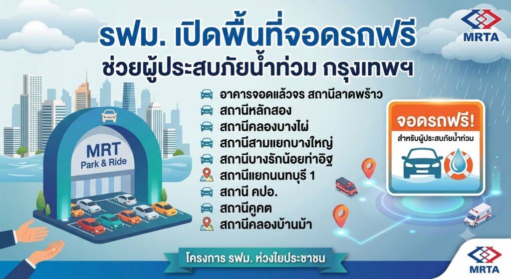 รฟม.เปิดพื้นที่จอดรถฟรี ช่วยผู้ประสบภัยน้ำท่วมกรุงเทพฯ