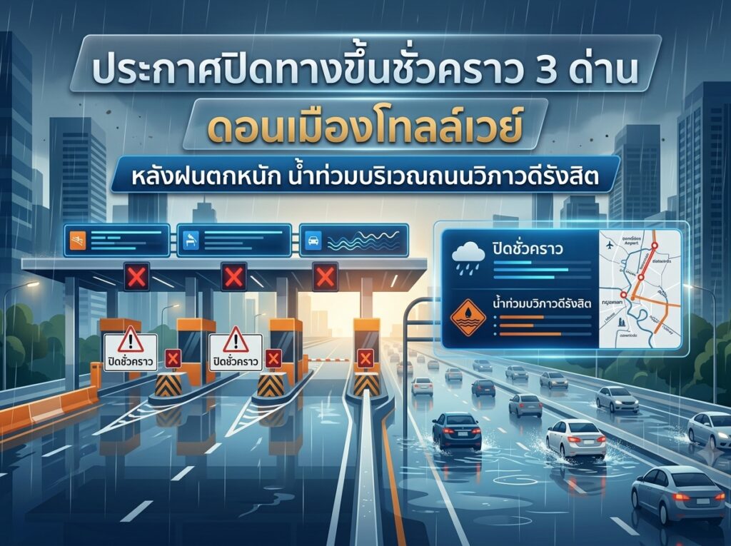 ดอนเมืองโทลล์เวย์ประกาศปิดทางขึ้นชั่วคราว 3 ด่าน หลังฝนตกหนัก น้ำท่วมบริเวณถนนวิภาวดีรังสิต