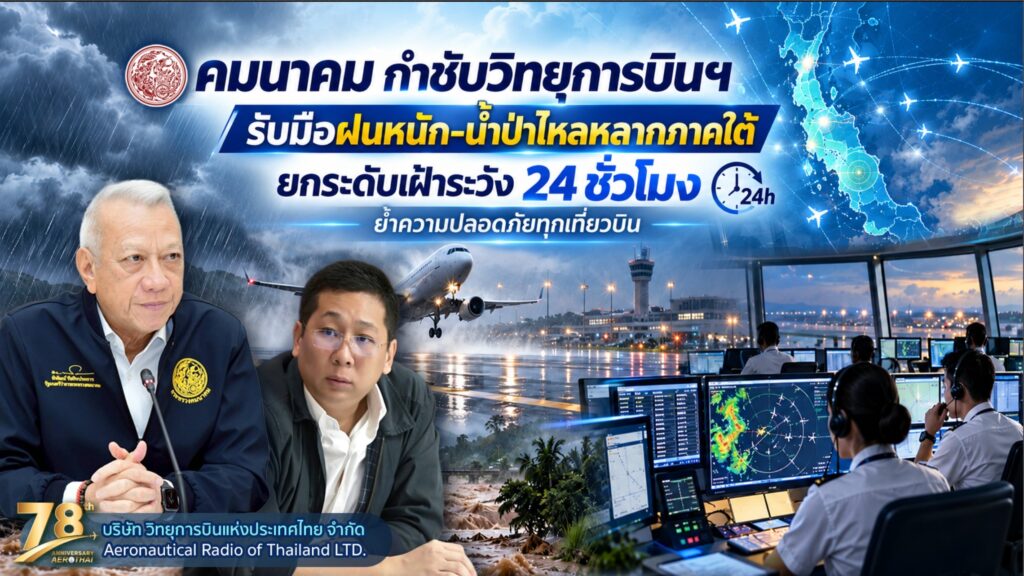 คมนาคม กำชับวิทยุการบินฯ รับมือฝนหนัก-น้ำป่าไหลหลากภาคใต้ยกระดับเฝ้าระวัง 24 ชั่วโมง ย้ำความปลอดภัยทุกเที่ยวบิน