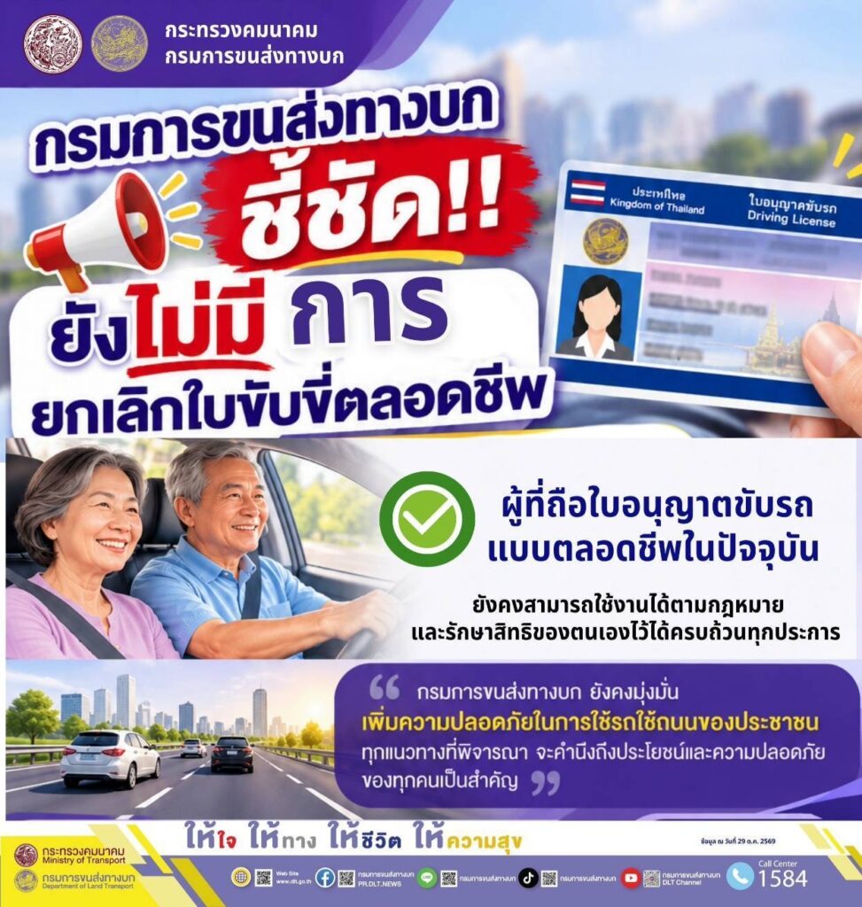 กรมขนส่งฯ สยบข่าวลือ! ยันยังไม่ยกเลิก “ใบขับขี่ตลอดชีพ” ผู้ถือสิทธิใช้ได้ตามกฎหมาย แจงเกณฑ์ทดสอบร่างกายเป็นคนละกรณี